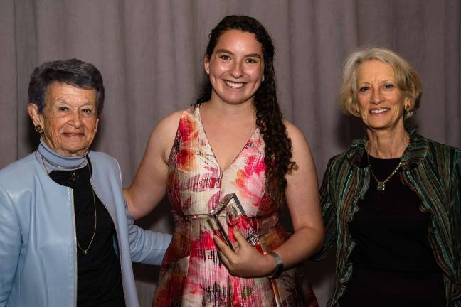 Yardena Gerwin, who founded a chapter of the advocacy initiative Girl Up at The Abraham Joshua Heschel School on the Upper West Side, is a recipient of a 2018 Diller Teen Tikkun Olam Award. She received her award in San Francisco this week from awards co-Chairwomen Adele Corvin (left) and Susan Epstein. Photo: Christopher Shaw