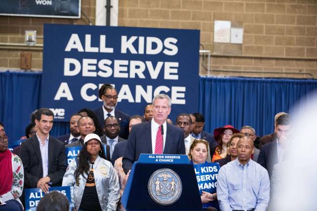 Mayor Bill de Blasio detailed a major overhaul of the admissions process for New York City's specialized high schools at J.H.S. 292 in Brooklyn June 3. Photo: Benjamin Kanter/Mayoral Photo Office