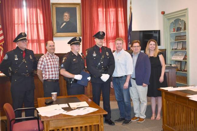 Left to Right, Chief James Watt, Trustee Tony Scotto, Sgt. Gregory A. Kelemen, Ptl. Cody R. Hunt, Mayor Scott Wohl, Trustee Jonathan Rouis, Police Commissioner Molly O’Donnell. Kelemen and Hunt received awards for Exceptional Police Duty.