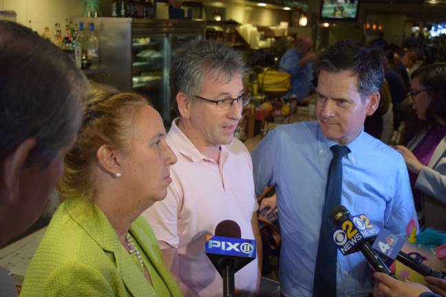 Meeting at the Malibu Diner, from left: Manhattan Borough President, diner owner Alex Grimpas and State Sen. Brad Hoylman. Photo: Genia Gould