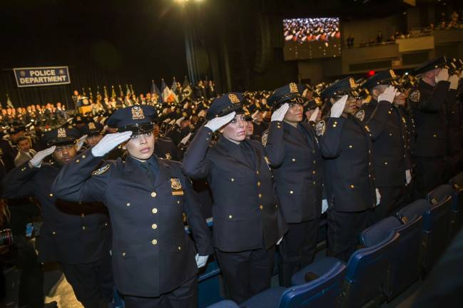 New NYPD officers at their graduation ceremony at Madison Square Garden March 30. A City Council bill would compel the city to maintain an internal information sharing system to track lawsuits and complaints regarding allegations of police misconduct. Photo: Ed Reed/Mayoral Photography Office.