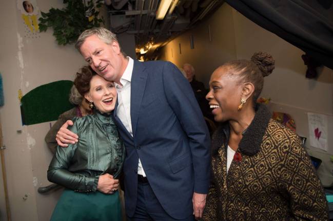 Mayor Bill de Blasio and first lady Chirlane McCray visit backstage with Cynthia Nixon after watching the actor perform in &quot;The Little Foxes&quot; at the Samuel J. Friedman Theater in Midtown Manhattan on May 12, 2017. Nixon announced Monday that she is bidding for the Democratic nomination in the New York governor's race. Michael Appleton/Mayoral Photography Office