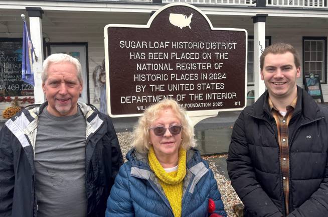 Bill Rossiter, Lydia Cuadros and Chester Town Supervisor Brandon Holdridge in front of the new historic marker.