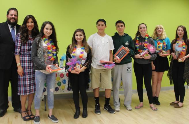 Chabad awarded local teens who volunteered weekly at Chabad Hebrew School (from left): Sophie Jaeger of Monroe, Megan Heller of Chester, Brenden Ingber of Goshen, Jimmie Murphy of New Windsor, Madison Stock of Monroe, Riley Crowe of Washingtonville, and Dylan Goldstein of Cornwall (Photo provided)