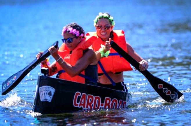 A team competes in the 2025 Cardboard Boat Regatta in Port Jervis.