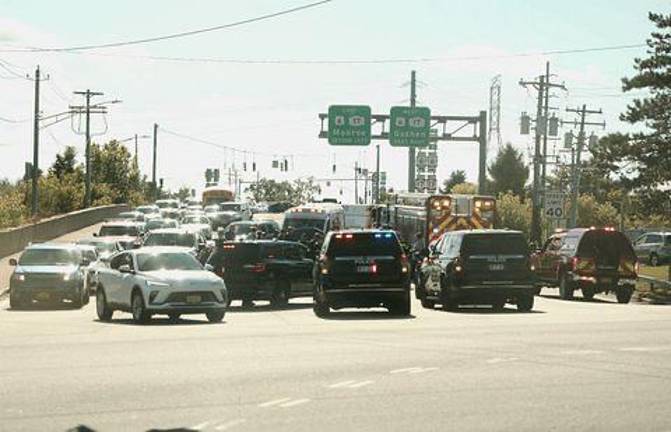 Police and emergency vehicles at the intersection of Route 17M and Route 94 in the village of Chester on Sept, 8.