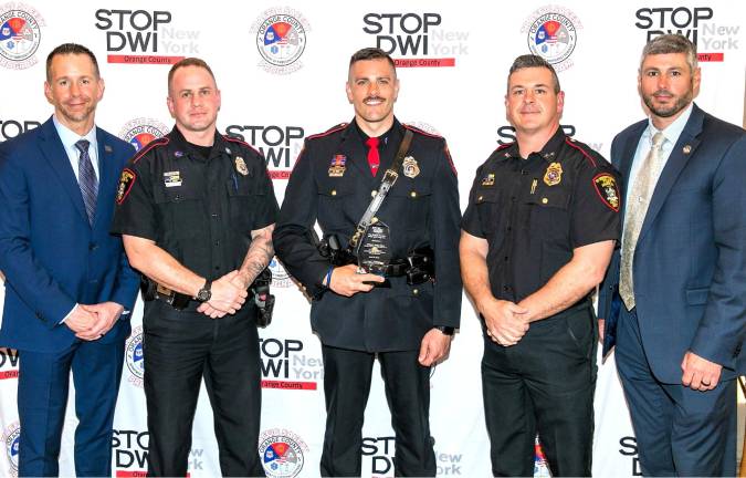 Photo from left to right: Orange County Deputy Commissioner Robert Doss, Drug Recognition Officer Francis Winski, Traffic Safety Officer and award recipient Officer Cody Hunt, Village of Goshen Chief of Police Ryan Rich, and Orange County Commissioner of Emergency Services Peter Cirigliano.