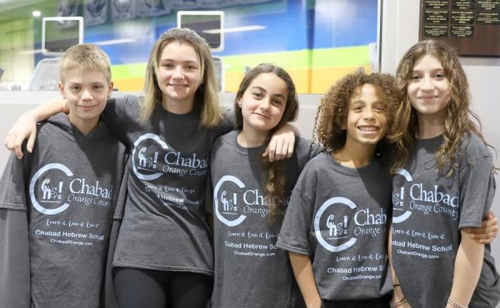 Among the Chabad Hebrew School students who attended the Moving Up and Awards ceremony were, left to right: Jaden Klausner of Monroe, Kaylee Fried of Harriman, Yasmine Mosker of Monroe, Jaden Shaw of Highland Mills and Gabi Patsiner of Monroe