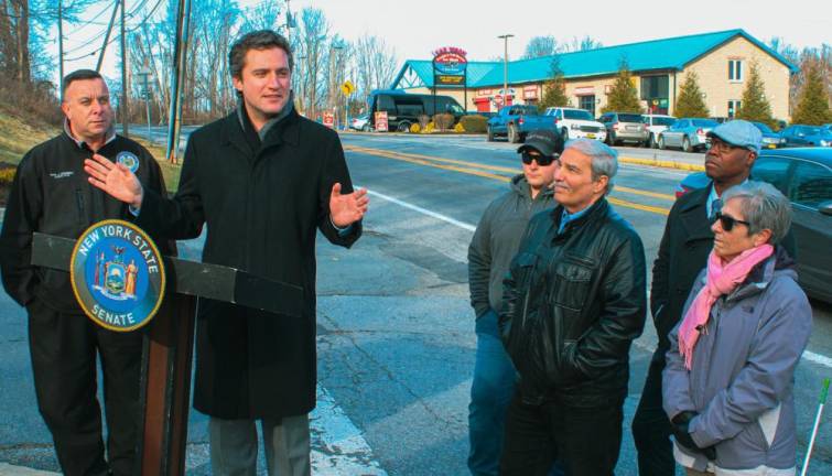 State Sen. James Skoufis stands with Assemblyman Karl Brabenec (left) and officials from the Village of Harriman, including Mayor Lou Medina, Trustee Wayne Mitchell and Deputy Mayor Carol Schneider. Photo provided by the Office of Senator James Skoufis.