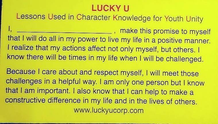 Lucky U pledge card, back