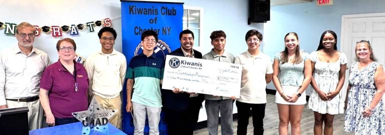 From left to right – Ray Presky, president Chester Kiwanis, Susan Bahren, Key Club advisor Chester Kiwanis, Brayan Flores, David Gonzalez, Brandon Bialorucki, Christian Calloway, Daniel Gonzalez, Paige Niles, Tahlia Campbell, Sandra Nagler, Kiwanis Scholarship Chair. Missing from the picture Yamilet Lopez Cortez and Sophia Stanley, who were unable to attend.