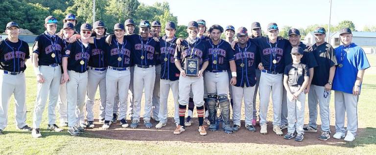 Members of the 2020-21 Chester Academy Varsity Baseball Team were honored for their recent Class B Section 9 title win on Wednesday, Aug. 11, at the Village of Chester’s summer concert series. Photos provided by Jeanne Lusignan.
