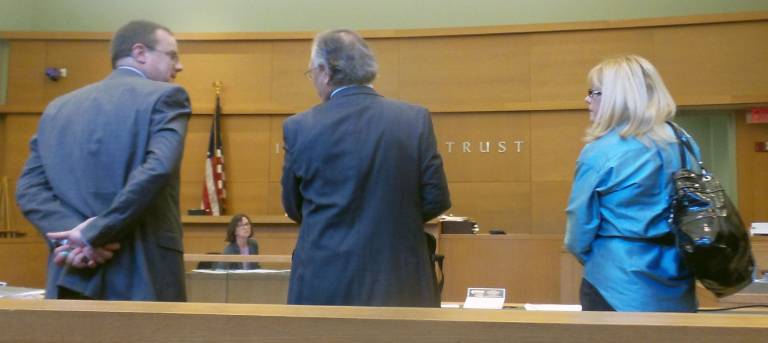 Orange County District Attorney Chris Borek, Attorney Michael Sussman and defendant Jeanne Ryan in Judge Robert Freehill&#x2019;s Orange County Courtroom on May 7, day one of Ryan&#x2019;s bench trial. (Photo by Frances Ruth Harris)