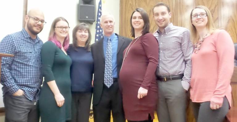 The family of new councilman Tom Becker turned out to see him sworn in. Pictured (from left) son-in-law Matt Pineiro, daughter Amie Becker, wife Cindy Becker, Tom Becker, daughter Amber DiMontiva, son-in-law Rob DiMontiva, and daughter Kara Batewell