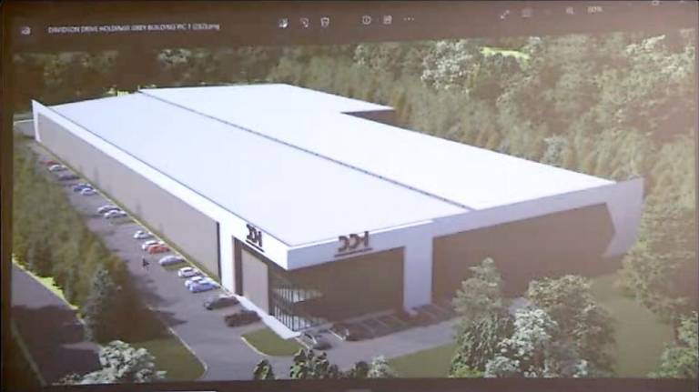 A 3D rendering of the Davidon Drive Holdings warehouse, as projected at the planning board meeting.