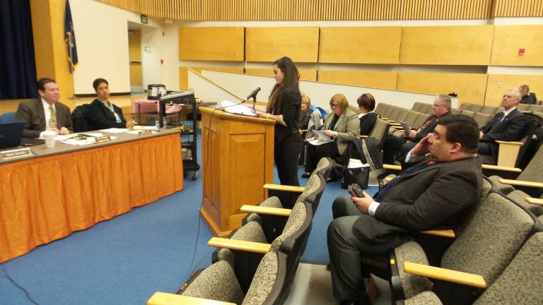 Amanda Almodovar addresses the Chester school board on March 25 (Photo by Frances Ruth Harris)
