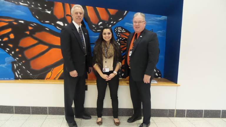 From left, at the Chester Academy: Michael Fields, Assistant Principal of the BOCES Career Technical Education Center with Chester senior Amanda Almodovar and William J. Hecht, Orange-Ulster BOCES District Superintendent/CEO (Photo by Frances Ruth Harris)