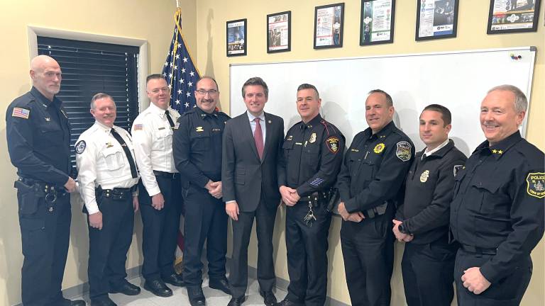 Town of Goshen Police Department with Sen. James Skoufis during the state grant announcement press conference.
