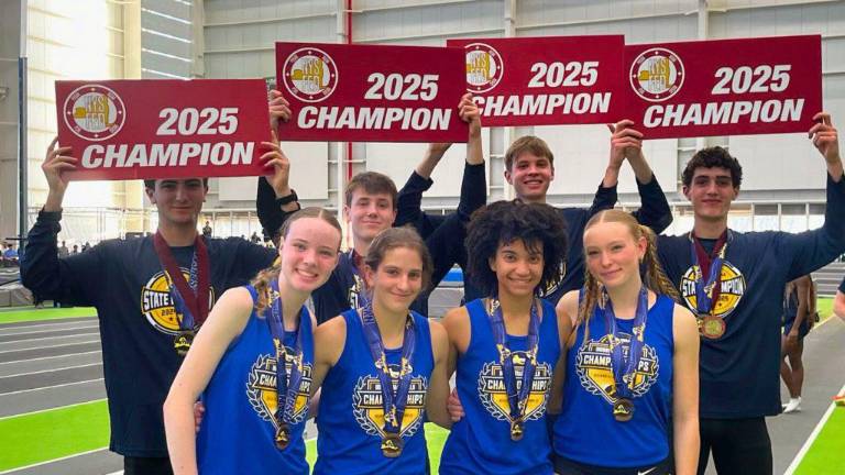 The Section IX boys and girls intersectional relay teams. From top left, Nate Diemoz of Wallkill, Ryan Schramm of Goshen, Van Furman of Tri-Valley, and Josh Bishop of Highland. In front, Hazel Lewis of Kingston, Gracyn Halloran of Sullivan West, Laila Logan of Goshen, and Maia Rich of Kingston.