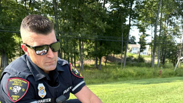 K-9 Officer Jeremy Harter with the injured red-tailed hawk.