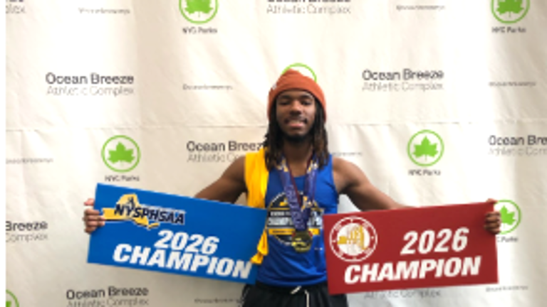 Indoor track star Zadan Thomas celebrates 2026 state win.