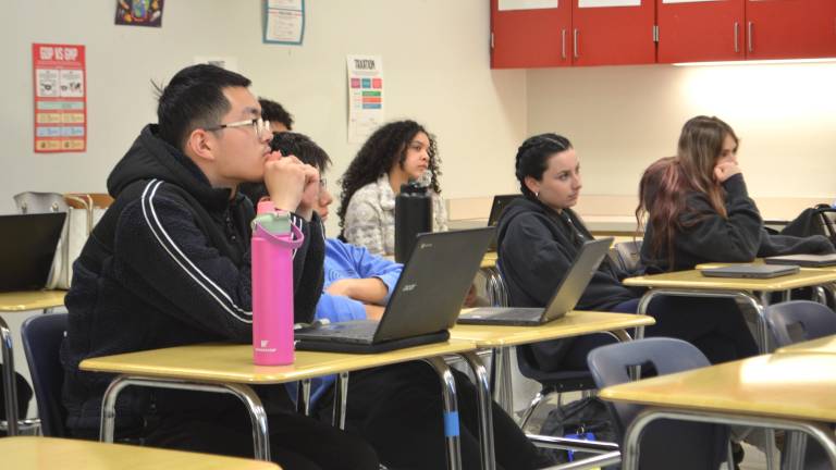 Seniors in Mr. Maggi and Ms. Scanlon’s Participation in Government engage in dialogue with Assemblyman Brabenec on challenging political issues.